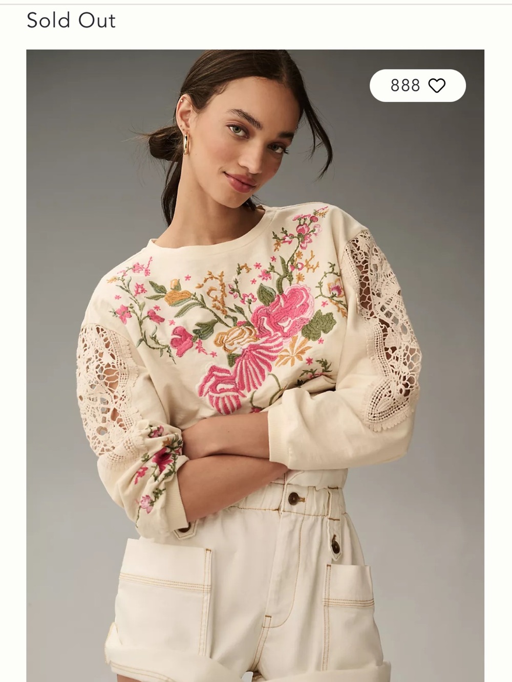 Anthropologie Cream Sweatshirt with Pink & Green Floral Embroidery - Picture 1 of 8